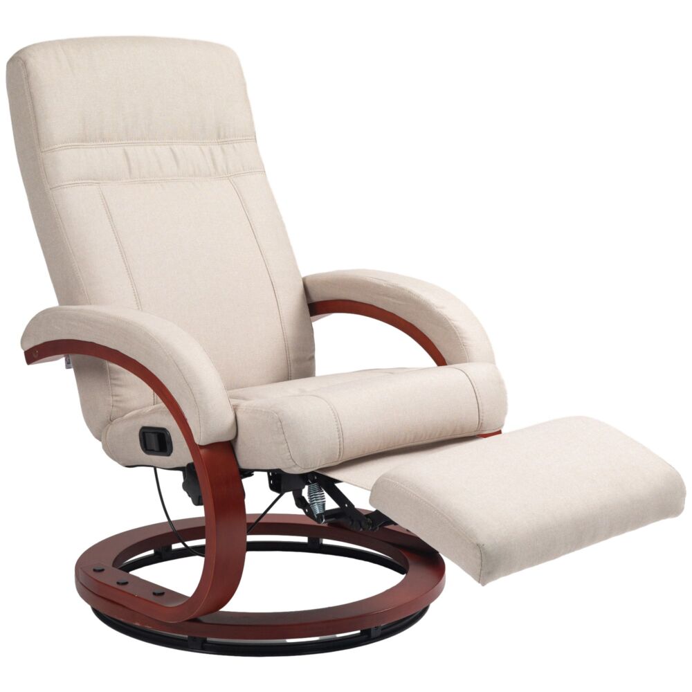 Homcom Swivel Recliner Chair With Extended Footrest, Manual Reclining Armchair With Wood Base For Living Room, Bedroom, Beige