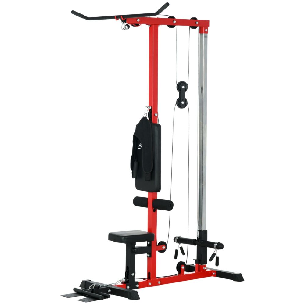 Sportnow Pull Up Station With Adjustable Seat, Power Tower For Chin Up And Lat Pulldown Exercises, Multi-function Fitness Equipment With Flip-up Footplate, For Home Gym, Red