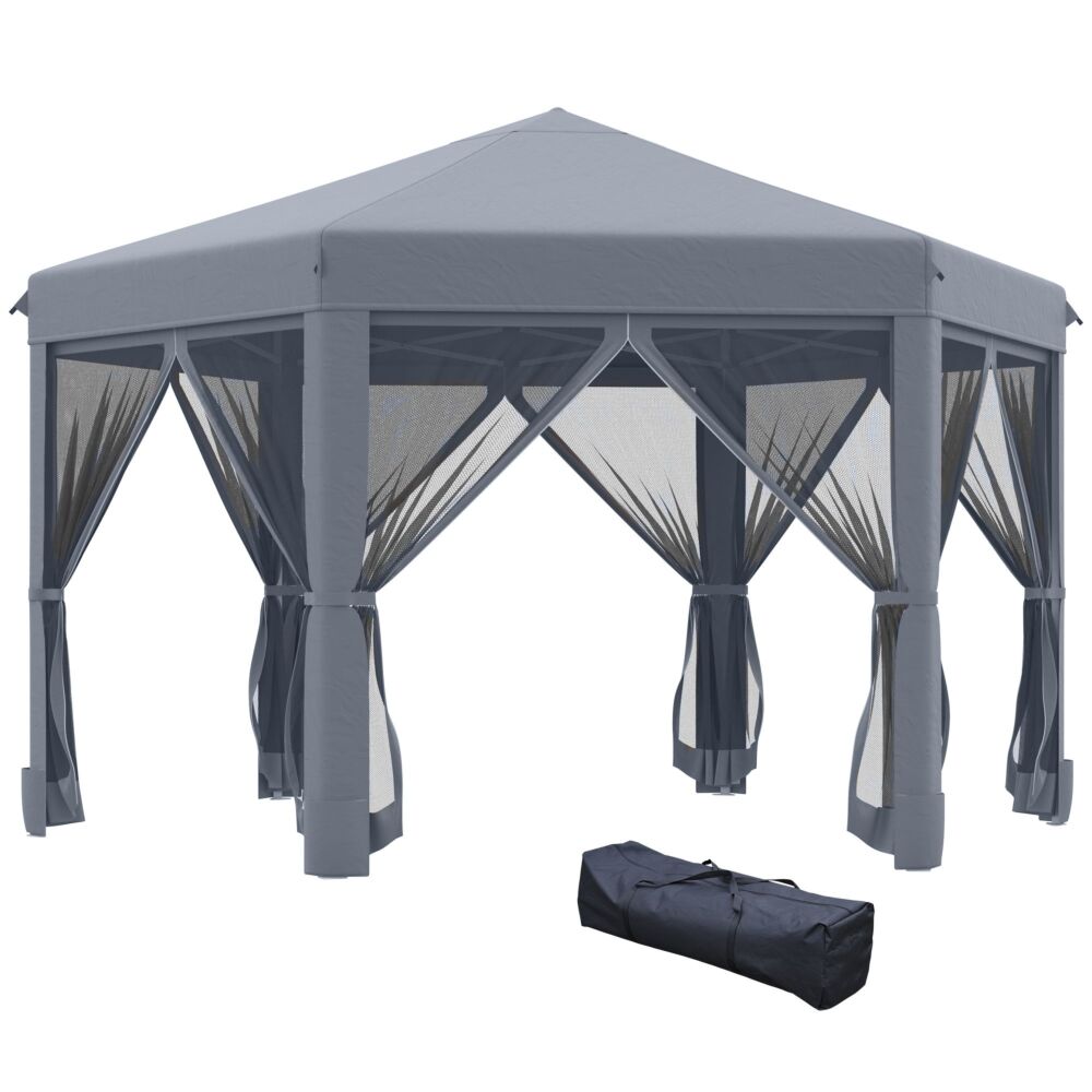 Outsunny 3.2m Canopy Rentals Pop Up Gazebo Hexagonal Canopy Tent Outdoor Sun Protection W/ Mesh Sidewalls, Handy Bag, Grey