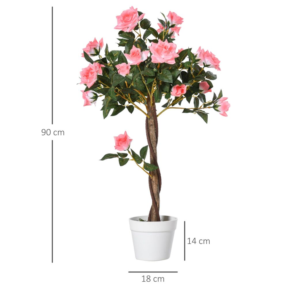 Outsunny Set Of 2 Artificial Plants Pink Rose Floral In Pot, Fake Plants For Home Indoor Outdoor Decor, 90cm