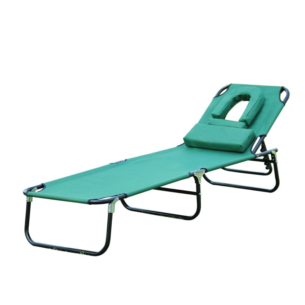 Outsunny Foldable Outdoor Sun Lounger Adjustable Backrest Reclining Chair With Pillow And Reading Hole Garden Beach, Dark Green