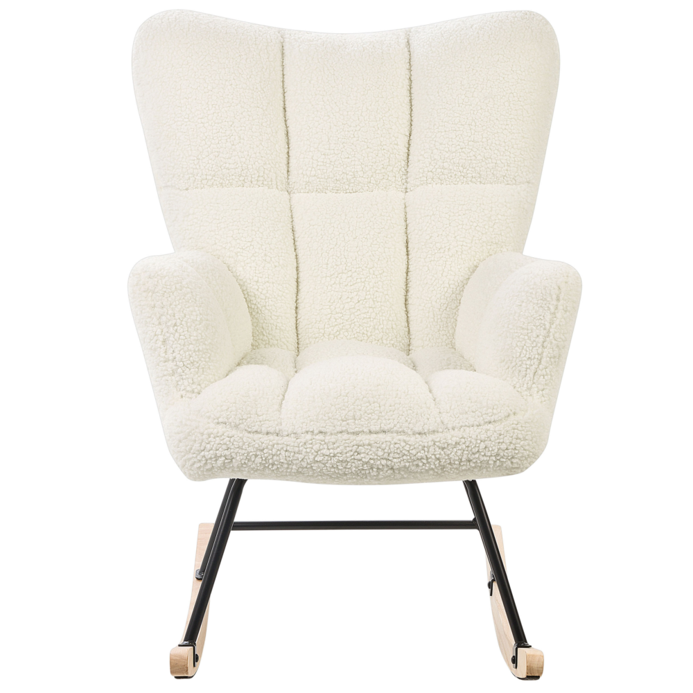 Rocking Chair White Boucle Fabric Upholstery Wooden Legs Skates Modern Biscuit Tufting Beliani