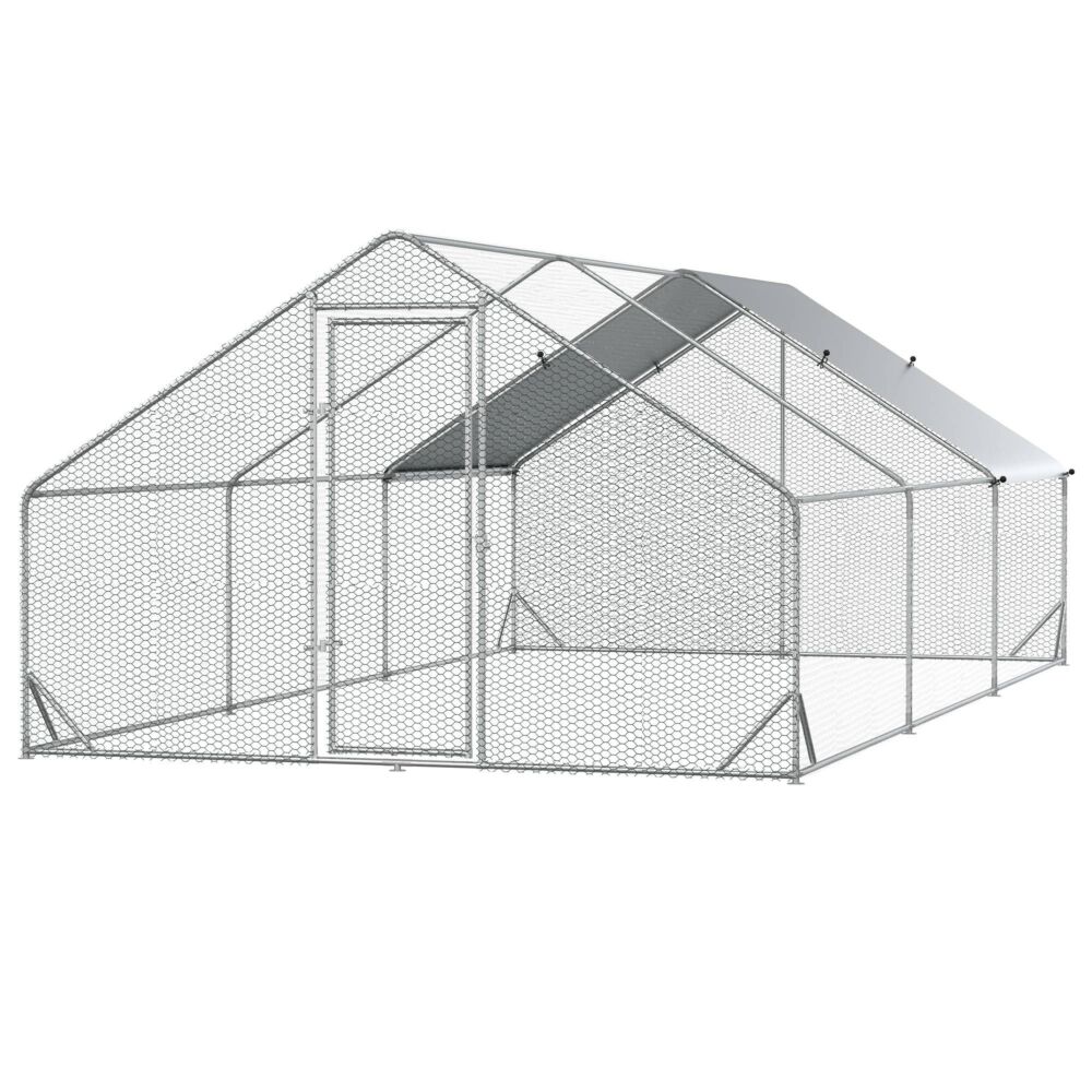 Pawhut Galvanised Walk In Chicken Run W/ Cover 6 X 3 X 2m Silver