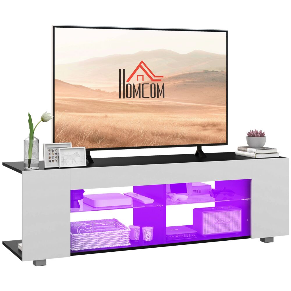 Homcom Tv Stand, 145cm Modern Tv Unit With Glass Shelves, Rgb Led Light For 32 40 43 50 52 55 60 Inch 4k Tv, White