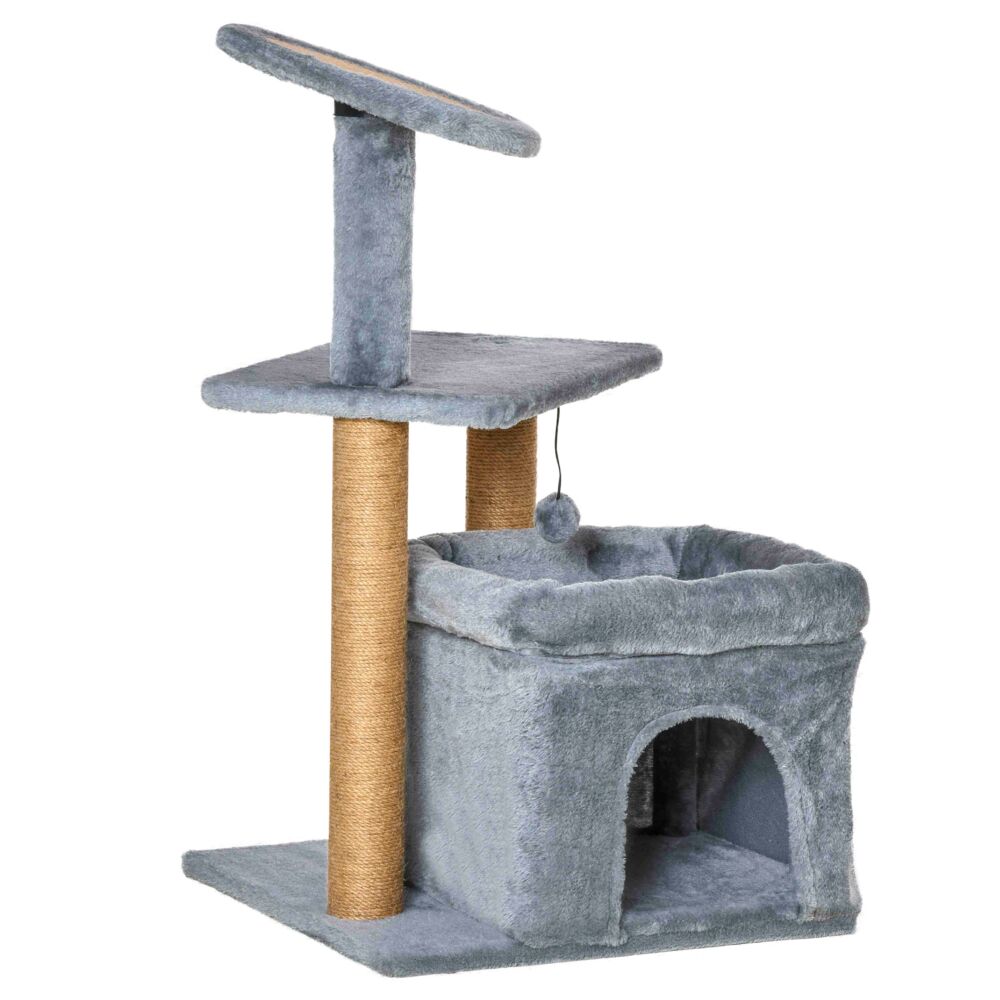 Pawhut Cat Tree Tower Kitten Activity Center With Scratching Posts Pad Condo Perch Bed Interactive Ball Toy 48 X 48 X 84cm, Grey