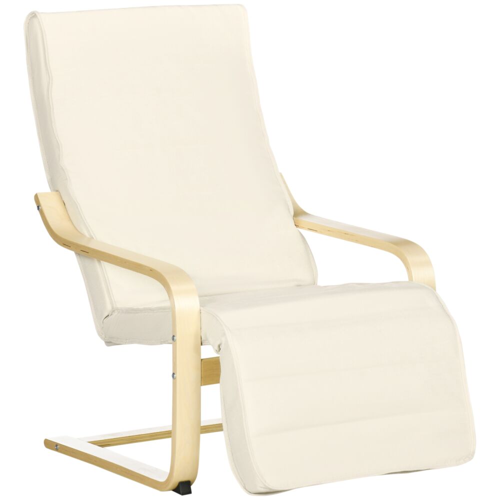 Homcom Wooden Lounging Chair Deck Relaxing Recliner Lounge Seat With Adjustable Footrest & Removable Cushion, Cream White