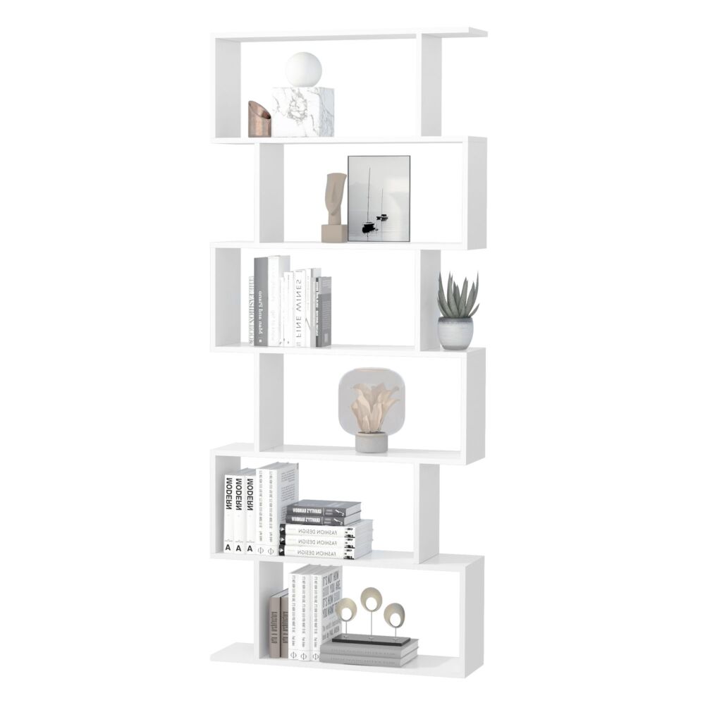 Homcom Wooden Wood S Shape Storage Display 6 Shelves Room Divider Unit Chest Bookshelf Bookcase Cupboard Cabinet Home Office Furniture, White