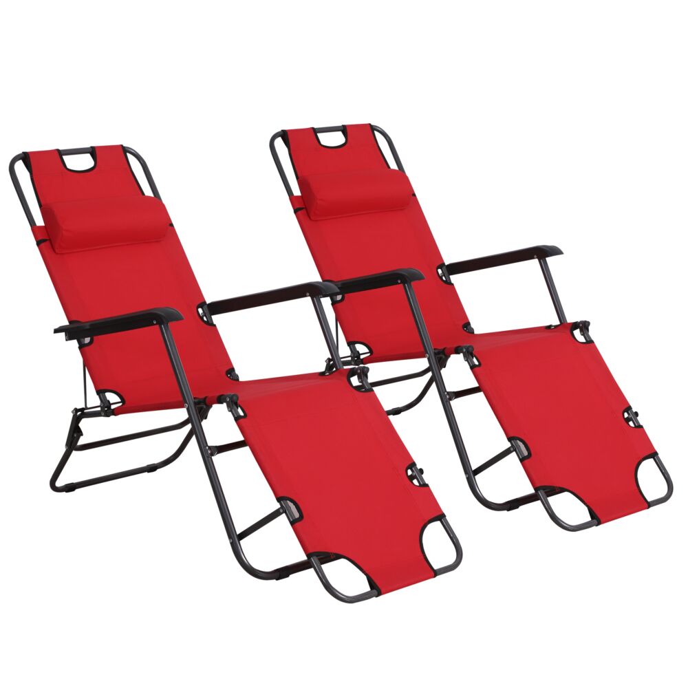 Outsunny 2 Pieces Foldable Sun Loungers With Adjustable Back, Outdoor Reclining Garden Chairs With Pillow And Armrests, Red