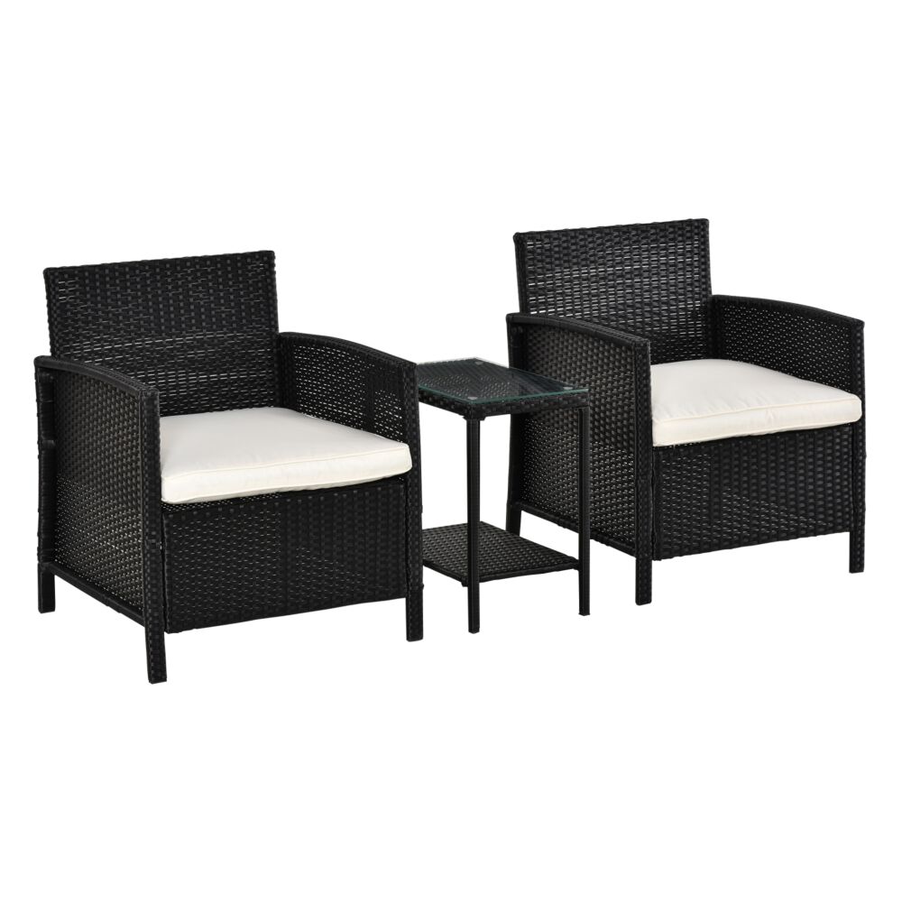 Outsunny Rattan Garden Furniture Outdoor 3 Pieces Patio Bistro Set Jack And Jill Seat Wicker Weave Conservatory Sofa Chair Table Set W/cushion Black