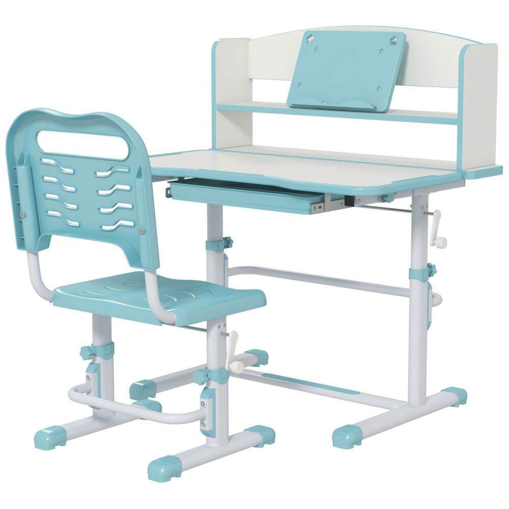 Zonekiz Height Adjustable Kids Study Table And Chair Set, With Drawer, Storage Shelf, 80 X 54.5 X 104 Cm, Blue