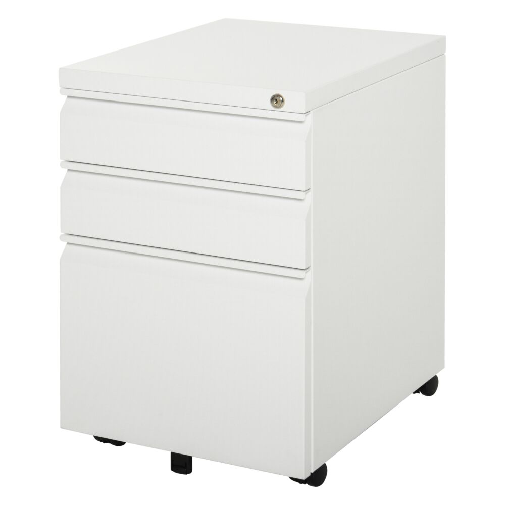 Vinsetto 3-drawer Mobile Vertical File Cabinet, Lockable Mobile Vertical File Cabinet, Under Desk Rolling Storage Cabinet, White