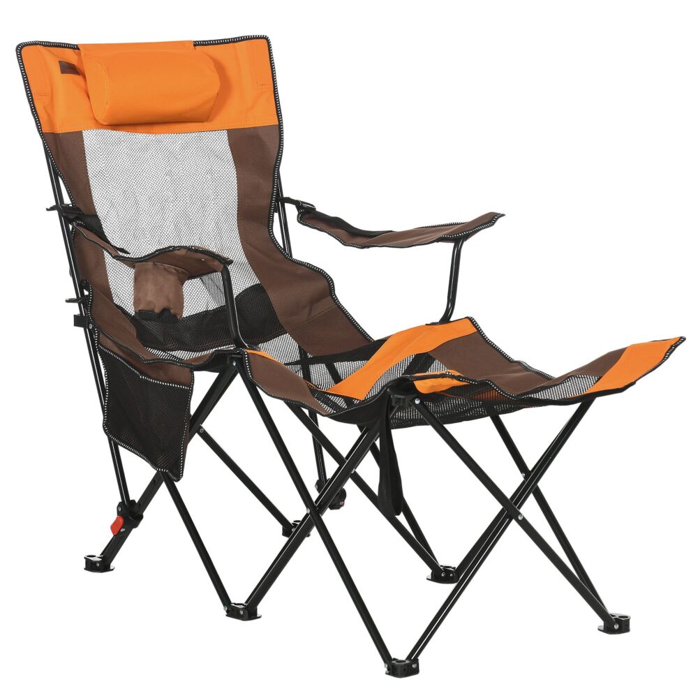 Outsunny Foldable Reclining Garden Chairs With Footrest And Adjustable Backrest, Portable Camping Chair With Headrest, Cup Holder, Side Pocket Black