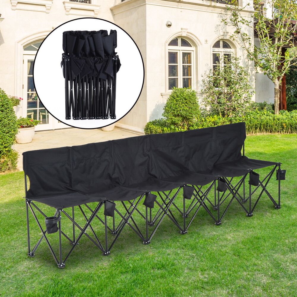 Outsunny 6 Seater Folding Sports Bench Outdoor Picnic Camping Portable Spectator Chair Steel Frame W/cup Holder & Carry Bag - Black