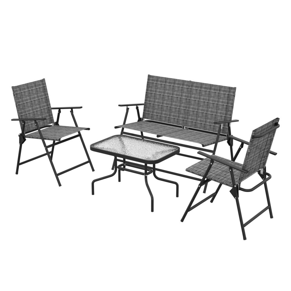 Outsunny 4 Pcs Patio Furniture Set W/ Breathable Mesh Fabric Seat, Backrest, Garden Set W/ Foldable Armchairs, Loveseat, Glass Top Table, Mixed Grey