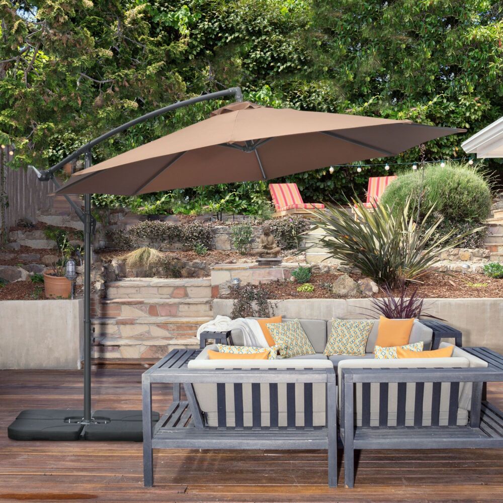 Outsunny 3(m) Garden Banana Parasol Cantilever Umbrella With Crank Handle, Cross Base, Weights And Cover For Outdoor, Hanging Sun Shade, Coffee