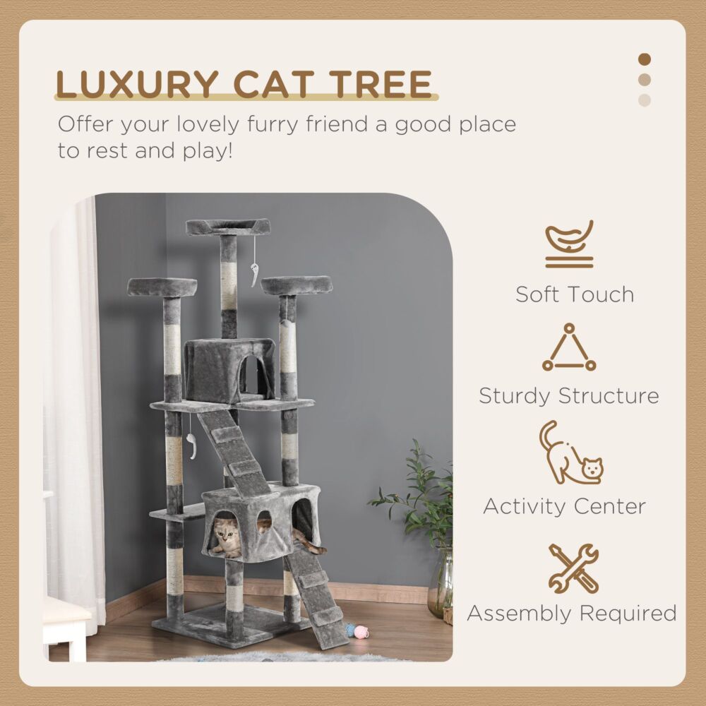 Pawhut Cat Tree For Indoor Cats Kitten Kitty Scratching Scratcher Post Climbing Tower Activity Centre House Grey