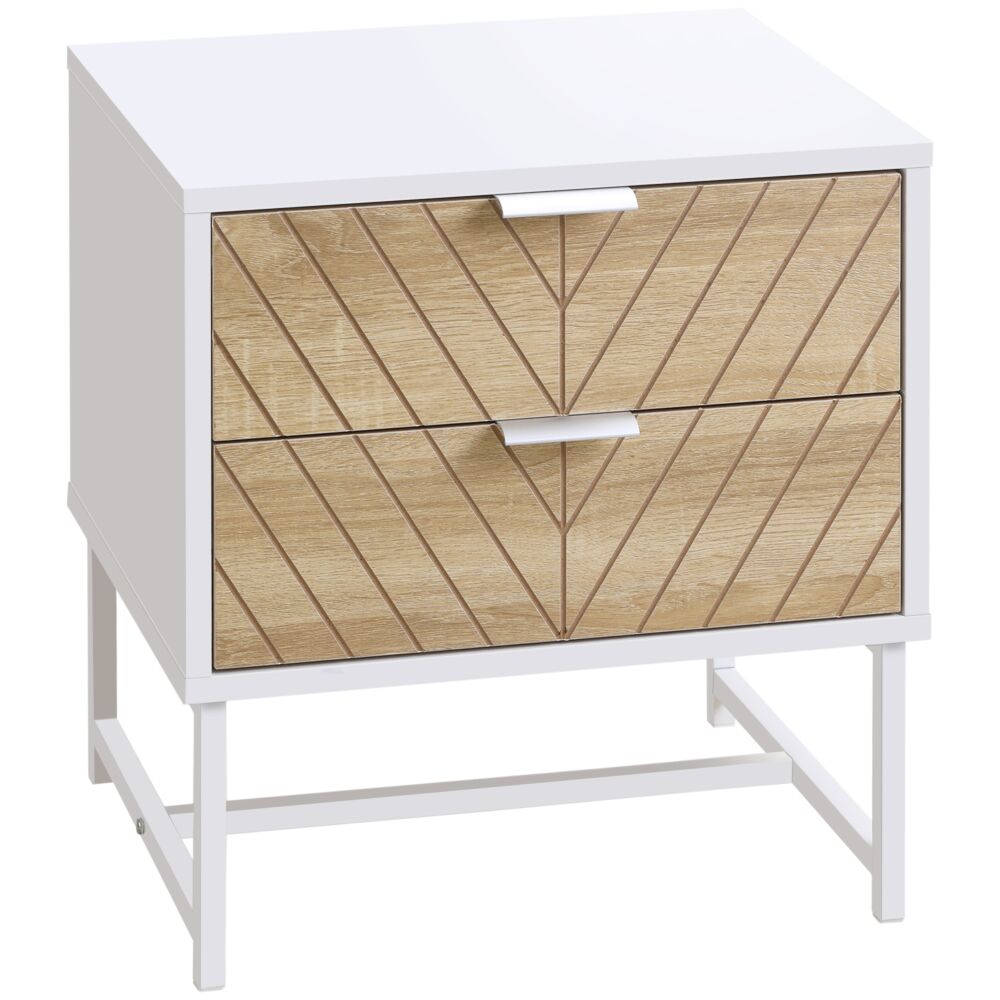 Homcom Modern Bedside Table With 2 Drawers And Metal Frame, Sofa Side Table For Bedroom Living Room, White And Oak