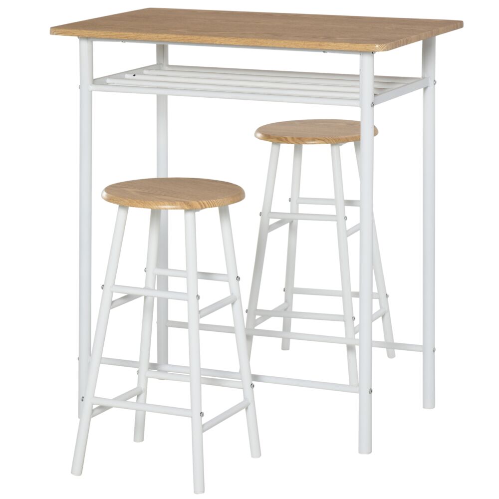 Homcom Bar Table Set, Bar Set-1 Bar Table And 2 Stools With Metal Frame Footrest And Storage Shelf For Kitchen, Dining Room, Pub, Cafe, White And Oak