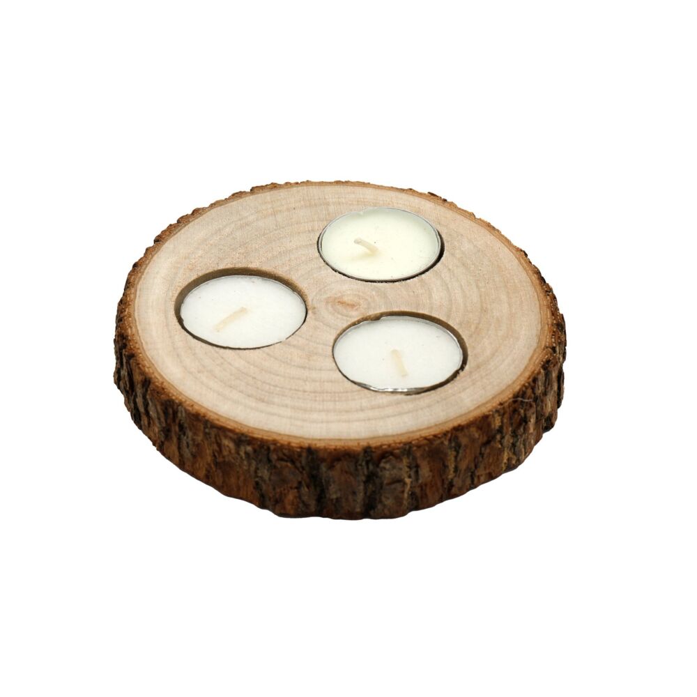 Wooden Triple Tealight Holder With Bark Detail