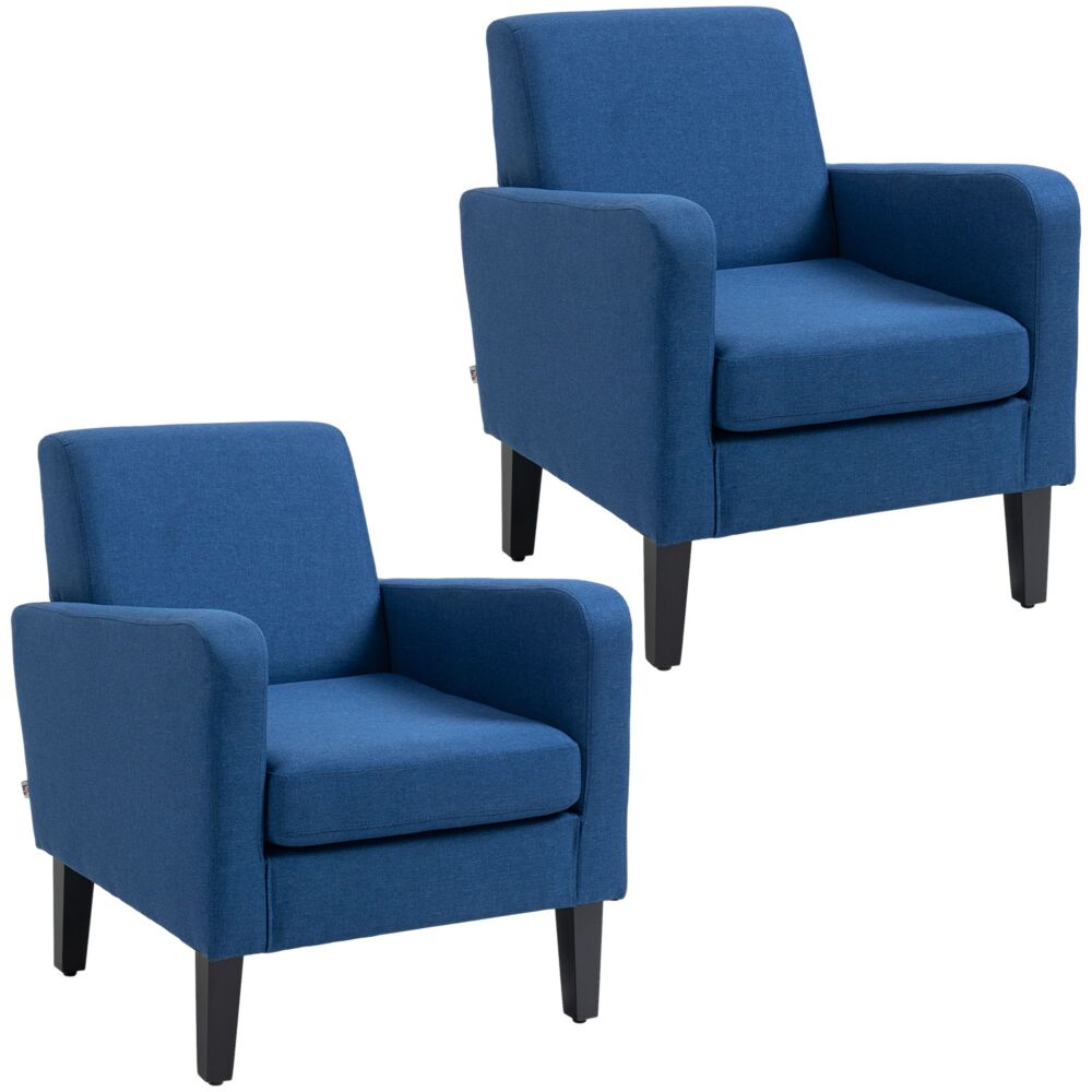 Homcom 2 Pieces Modern Armchairs With Rubber Wood Legs, Upholstered Accent Chairs, Single Sofa For Living Room, Bedroom, Blue