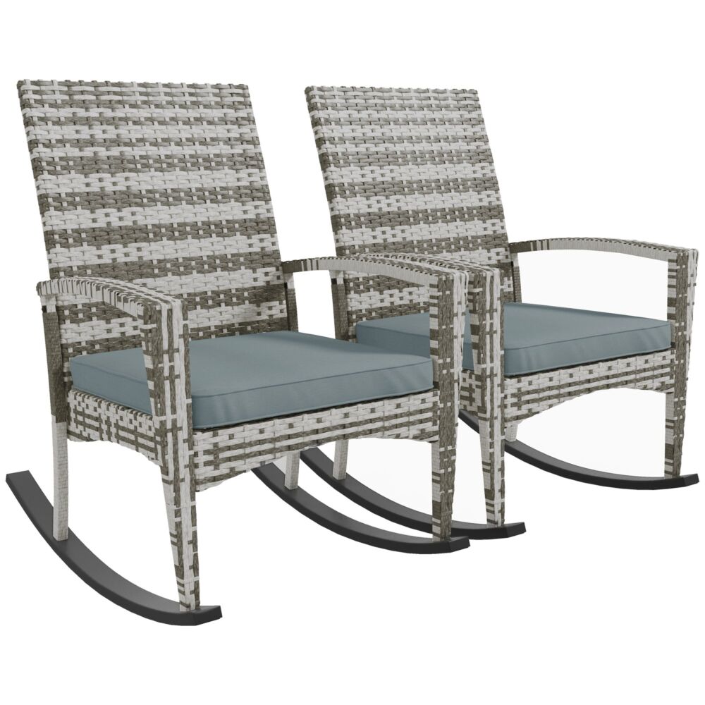 Outsunny Outdoor Pe Rattan Rocking Chair Set Of 2, Garden Rocking Chair Set With Armrest And Cushion, Light Grey