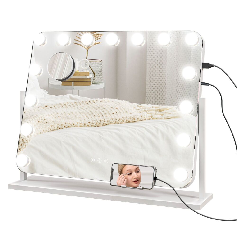 Homcom Hollywood Vanity Mirror With Lights, Large 63x50 Cm Lighted Makeup Mirror With 3 Colour, 14 Led Bulbs, 10x Magnifying, Usb Charging Port, Phone Holder, 360° Rotation, Touch Screen