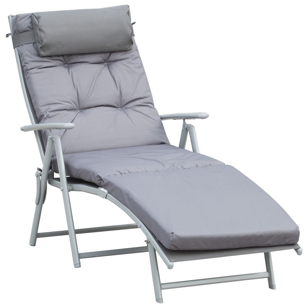 Outsunny Outdoor Patio Sun Lounger Garden Texteline Foldable Reclining Chair Pillow Adjustable Recliner With Cushion - Grey