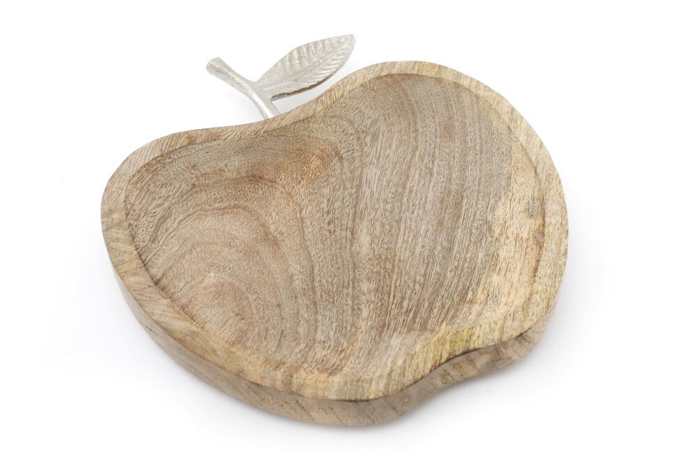 Wooden Apple Designed Tray With Silver Leaf - Small