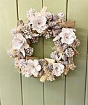 White Flowers & Pinecone Frosted Wreath - 32cm