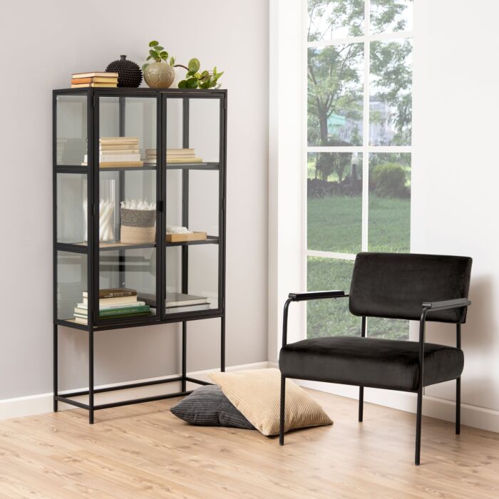 Seaford 2 Glass Door Display Cabinet In Black & Oak
