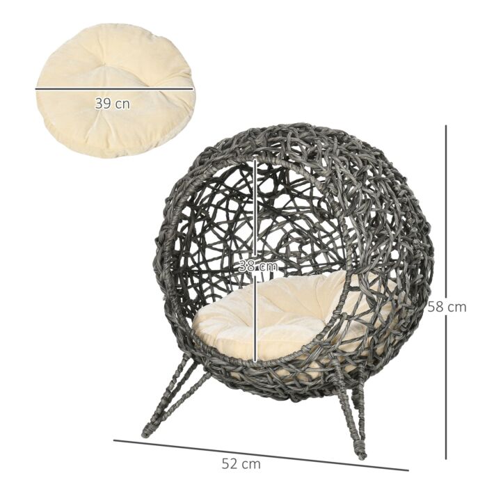 Pawhut Rattan Elevated Cat Bed House Kitten Basket Ball Shaped Pet Furniture W/ Removable Cushion - Silver-tone And Grey