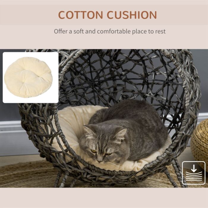 Pawhut Rattan Elevated Cat Bed House Kitten Basket Ball Shaped Pet Furniture W/ Removable Cushion - Silver-tone And Grey