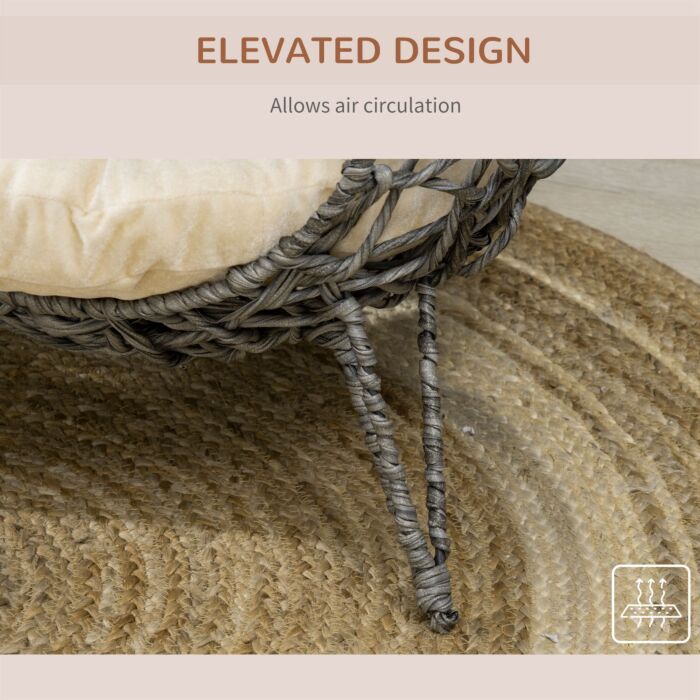 Pawhut Rattan Elevated Cat Bed House Kitten Basket Ball Shaped Pet Furniture W/ Removable Cushion - Silver-tone And Grey