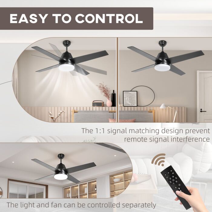 Homcom Ceiling Fan With Led Light, Flush Mount Ceiling Fan Lights With Reversible Blades, Remote, Black And Walnut Brown