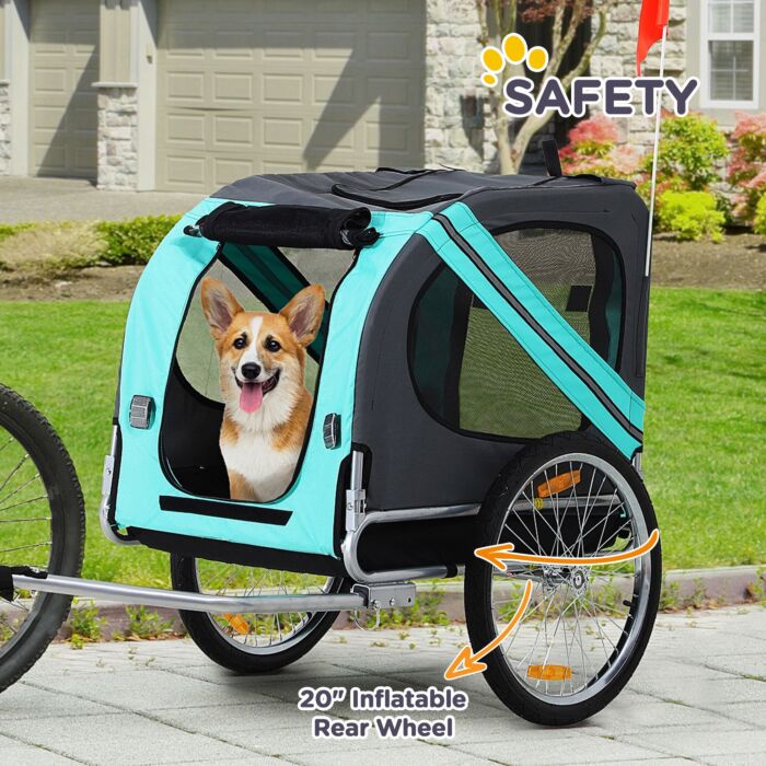 Pawhut Dog Bike Trailer Folding Pet Trailer Dog Carrier Bicycle Steel Frame Jogger Stroller With Suspension - Green & Grey
