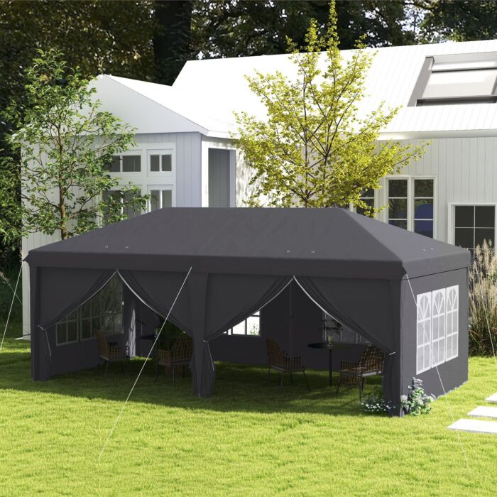 Outsunny 3 X 6 M Pop Up Gazebo With Sides And Windows, Height Adjustable Party Tent With Storage Bag, Event, Grey