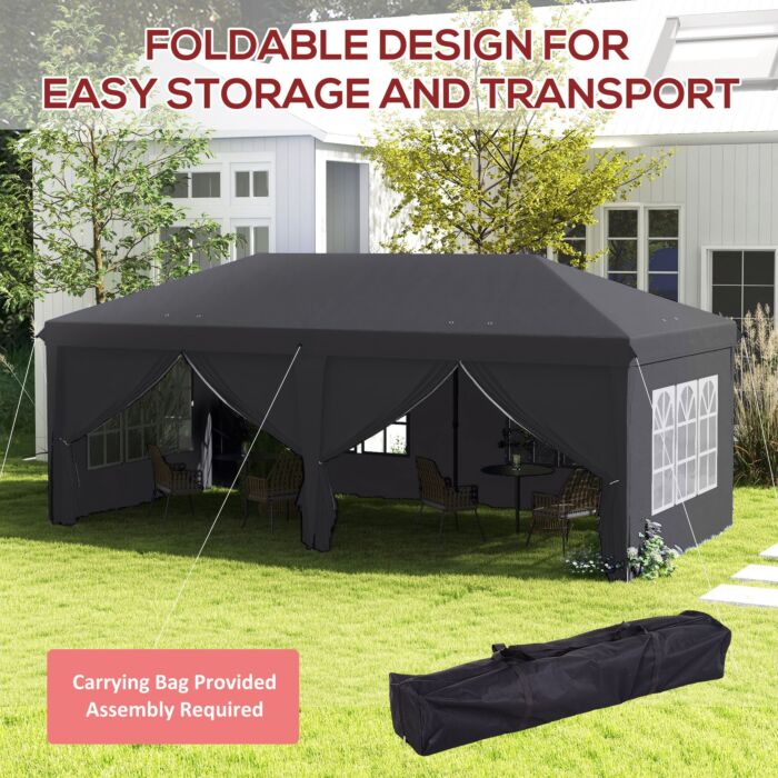 Outsunny 3 X 6 M Pop Up Gazebo With Sides And Windows, Height Adjustable Party Tent With Storage Bag, Event, Grey