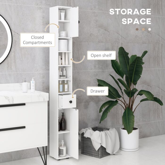 Kleankin 180cm Tall Slim Bathroom Cabinet, Narrow Toilet Roll Storage W/ Open Shelves, 2 Door Cabinets, Adjustable Shelves, For Kitchen, White