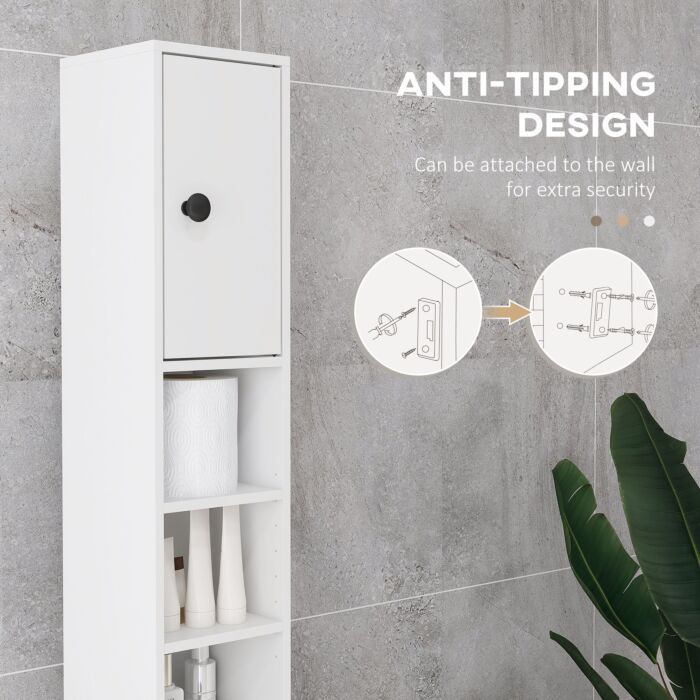 Kleankin 180cm Tall Slim Bathroom Cabinet, Narrow Toilet Roll Storage W/ Open Shelves, 2 Door Cabinets, Adjustable Shelves, For Kitchen, White