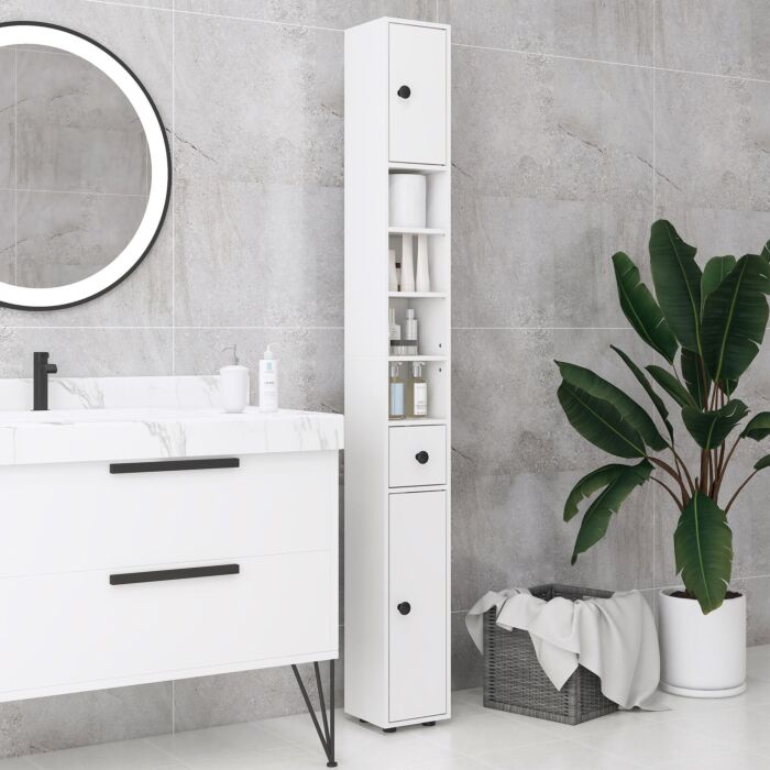 Kleankin 180cm Tall Slim Bathroom Cabinet, Narrow Toilet Roll Storage W/ Open Shelves, 2 Door Cabinets, Adjustable Shelves, For Kitchen, White