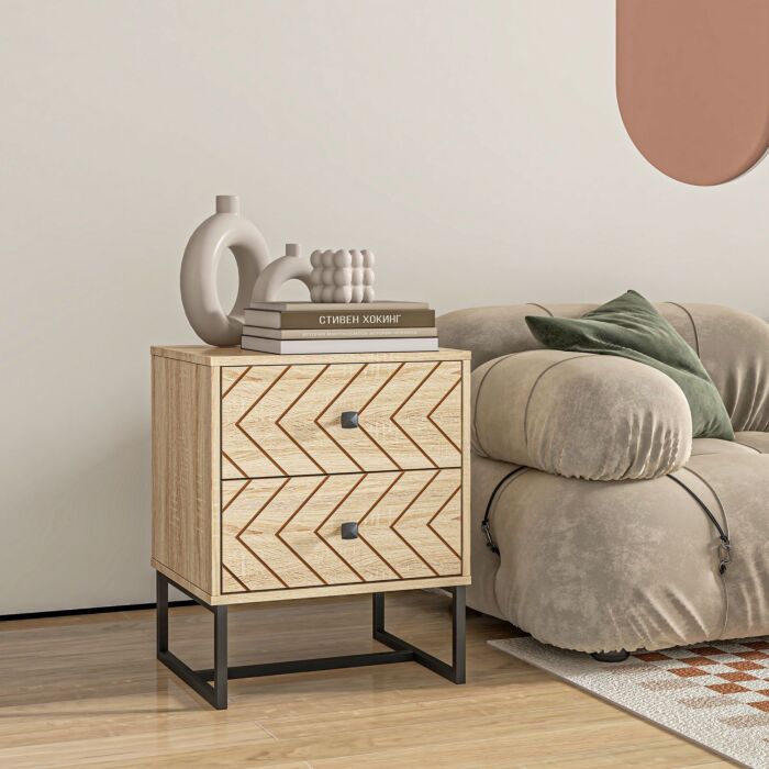 Homcom Bedside Table Nightstand Two-draw Bedroom Storage Unit Unique Zig Zag Design W/ Black Metal Handles Melamine Finish