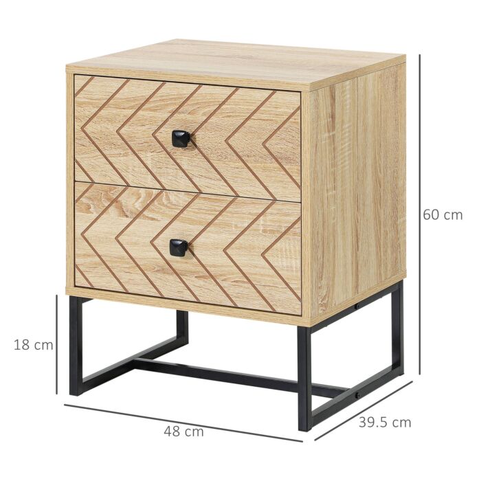 Homcom Bedside Table Nightstand Two-draw Bedroom Storage Unit Unique Zig Zag Design W/ Black Metal Handles Melamine Finish