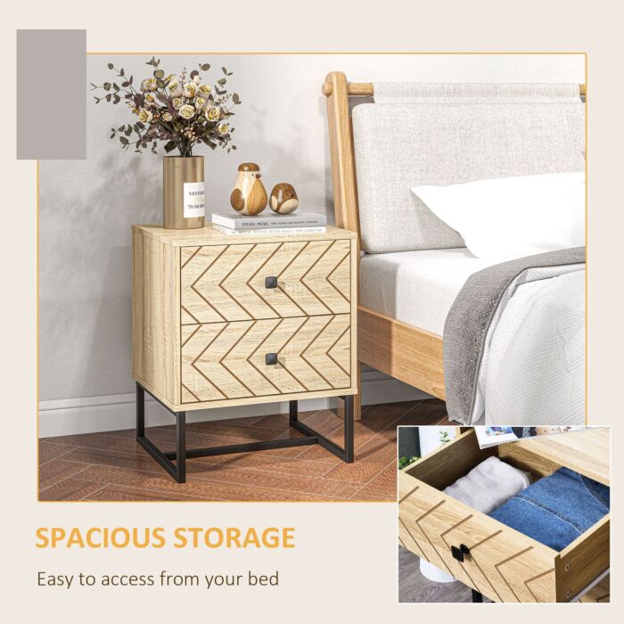 Homcom Bedside Table Nightstand Two-draw Bedroom Storage Unit Unique Zig Zag Design W/ Black Metal Handles Melamine Finish
