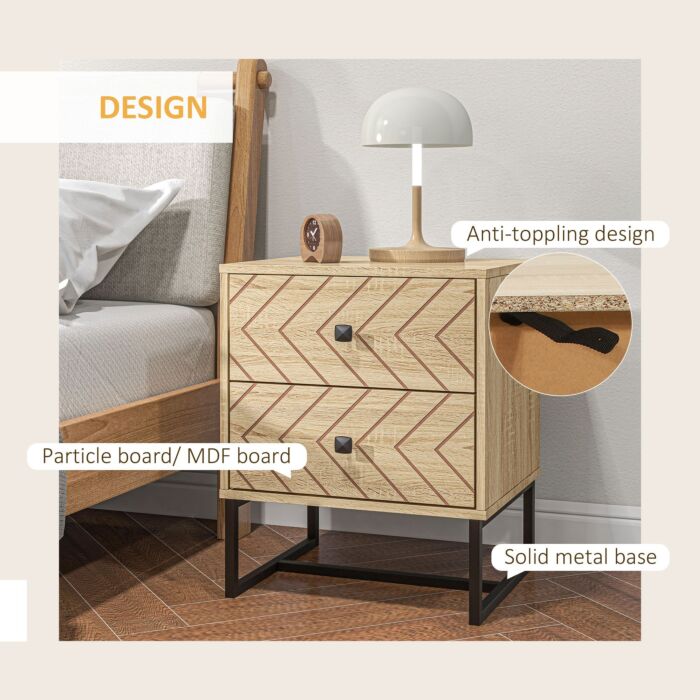 Homcom Bedside Table Nightstand Two-draw Bedroom Storage Unit Unique Zig Zag Design W/ Black Metal Handles Melamine Finish