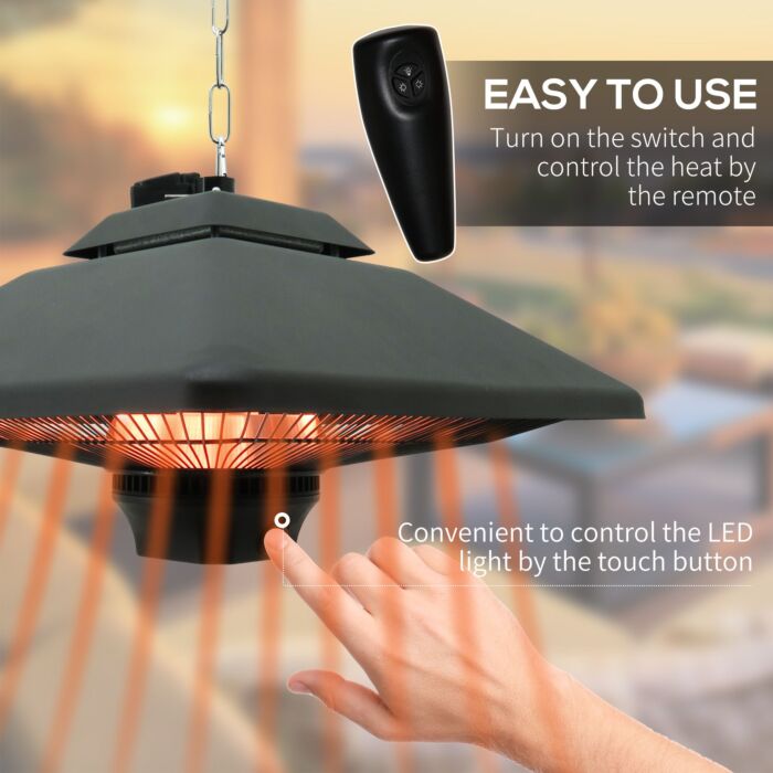 Outsunny 2kw Outdoor Hanging Ceiling Mounted Aluminium Halogen Electric Heater Led Garden Patio Warmer W/remote Control