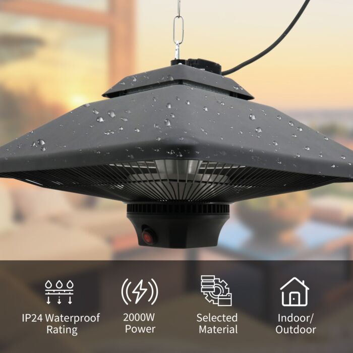 Outsunny 2kw Outdoor Hanging Ceiling Mounted Aluminium Halogen Electric Heater Led Garden Patio Warmer W/remote Control
