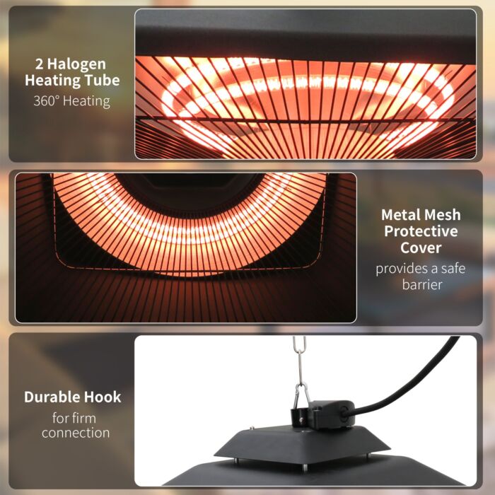 Outsunny 2kw Outdoor Hanging Ceiling Mounted Aluminium Halogen Electric Heater Led Garden Patio Warmer W/remote Control