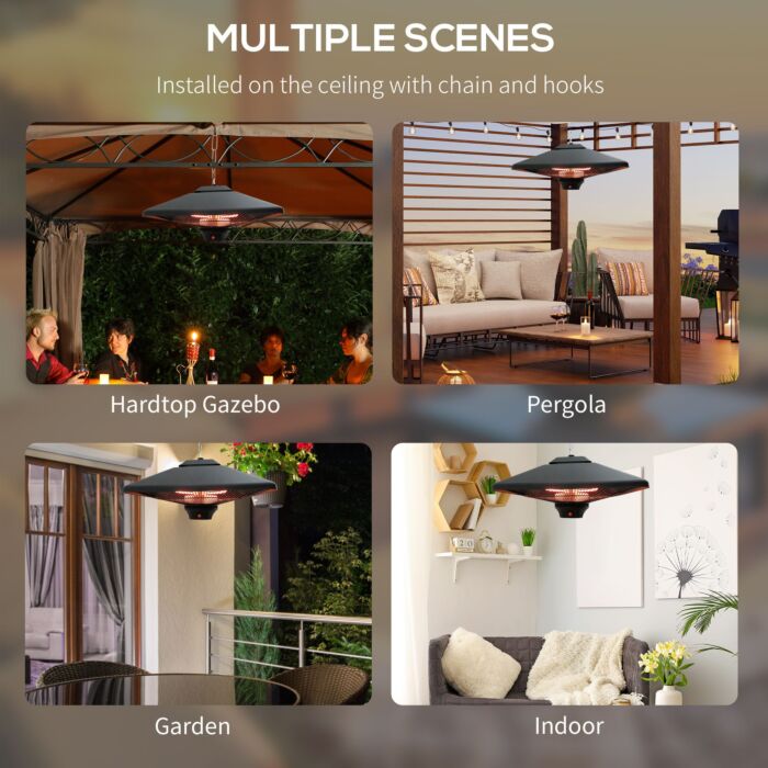 Outsunny 2kw Outdoor Hanging Ceiling Mounted Aluminium Halogen Electric Heater Led Garden Patio Warmer W/remote Control