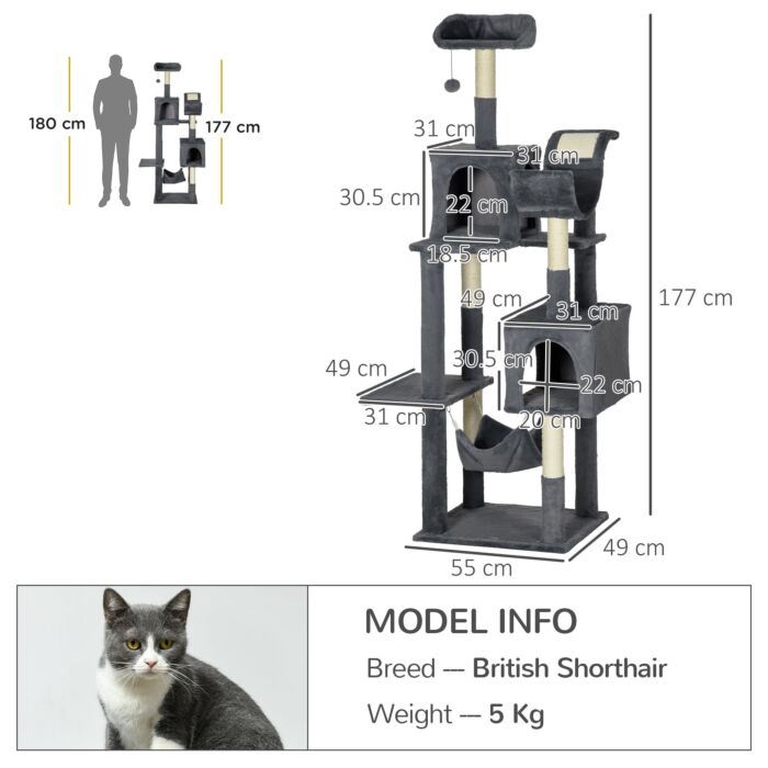 Pawhut 177cm Cat Tree For Indoor Cats, Multi-level Kitten Climbing Tower With Scratching Posts, Condos, Hammock, Perches, Toy Ball, Dark Grey