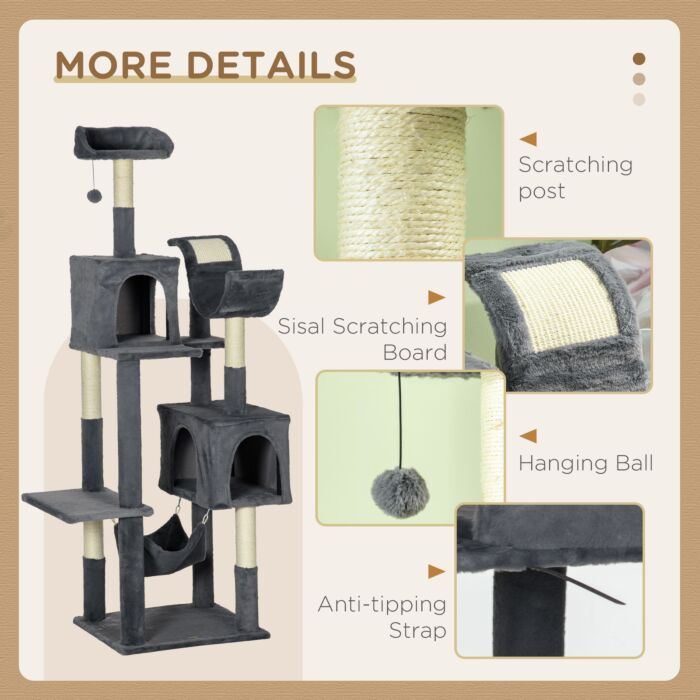 Pawhut 177cm Cat Tree For Indoor Cats, Multi-level Kitten Climbing Tower With Scratching Posts, Condos, Hammock, Perches, Toy Ball, Dark Grey